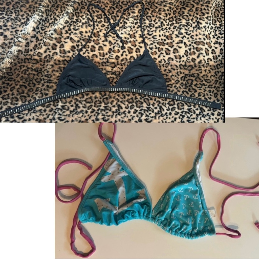 2 size large Bikini Tops! Black w gold studs & blue/pink/white anchor pattern